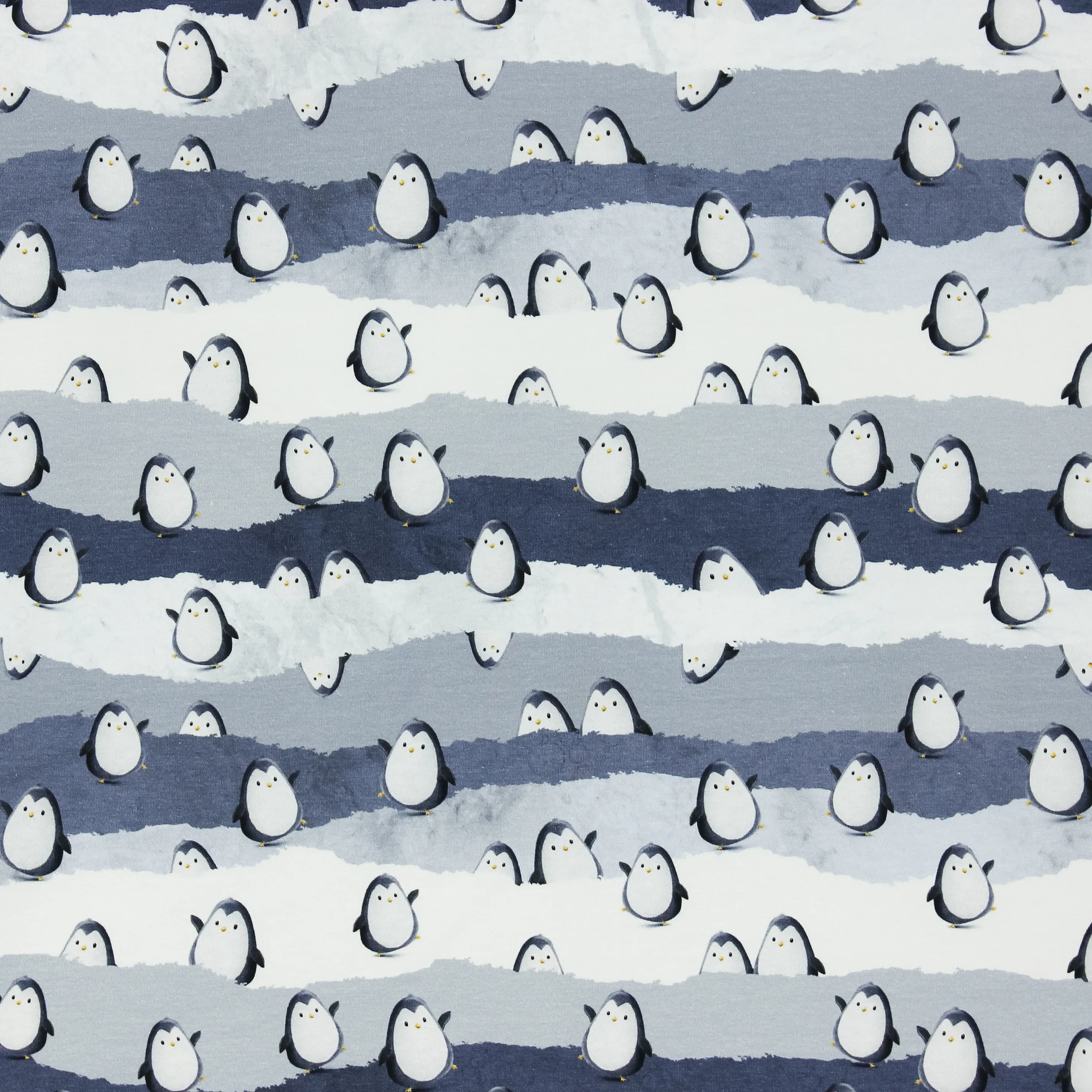 French terry blauw met pinguïns